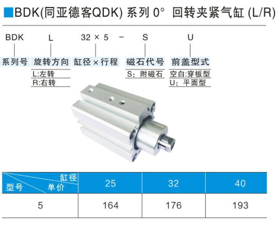 BDK（同亚德客QDK)系列0°回转夹紧气缸（L/R)